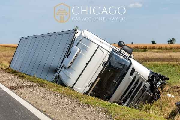 camión volteado por accidente en la orilla de la carretera en Chicago